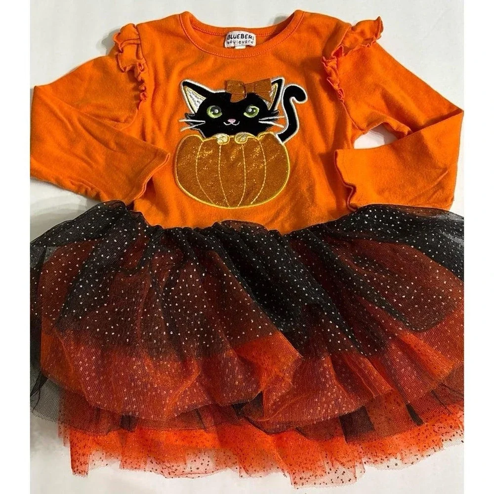 Blueberi Boulevard Hallowen Pumpkin Cat Tutu Dress (sz. 5)